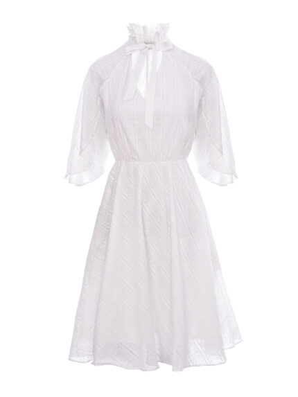 Rochie din bumbac alb cu guler inalt