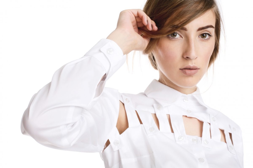 Model wearing removable white shirt by Larisa Dragna