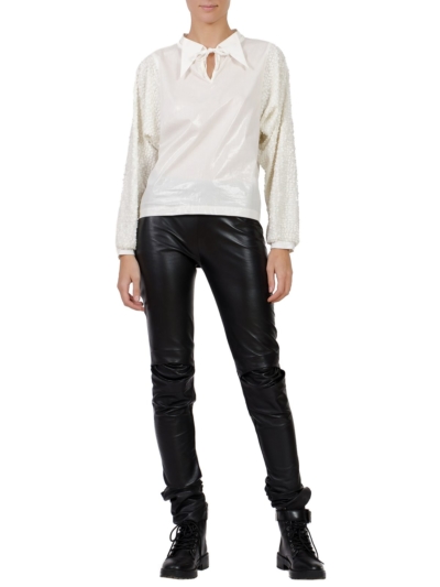 White shirt with sequins sleeves designed by Larisa Dragna