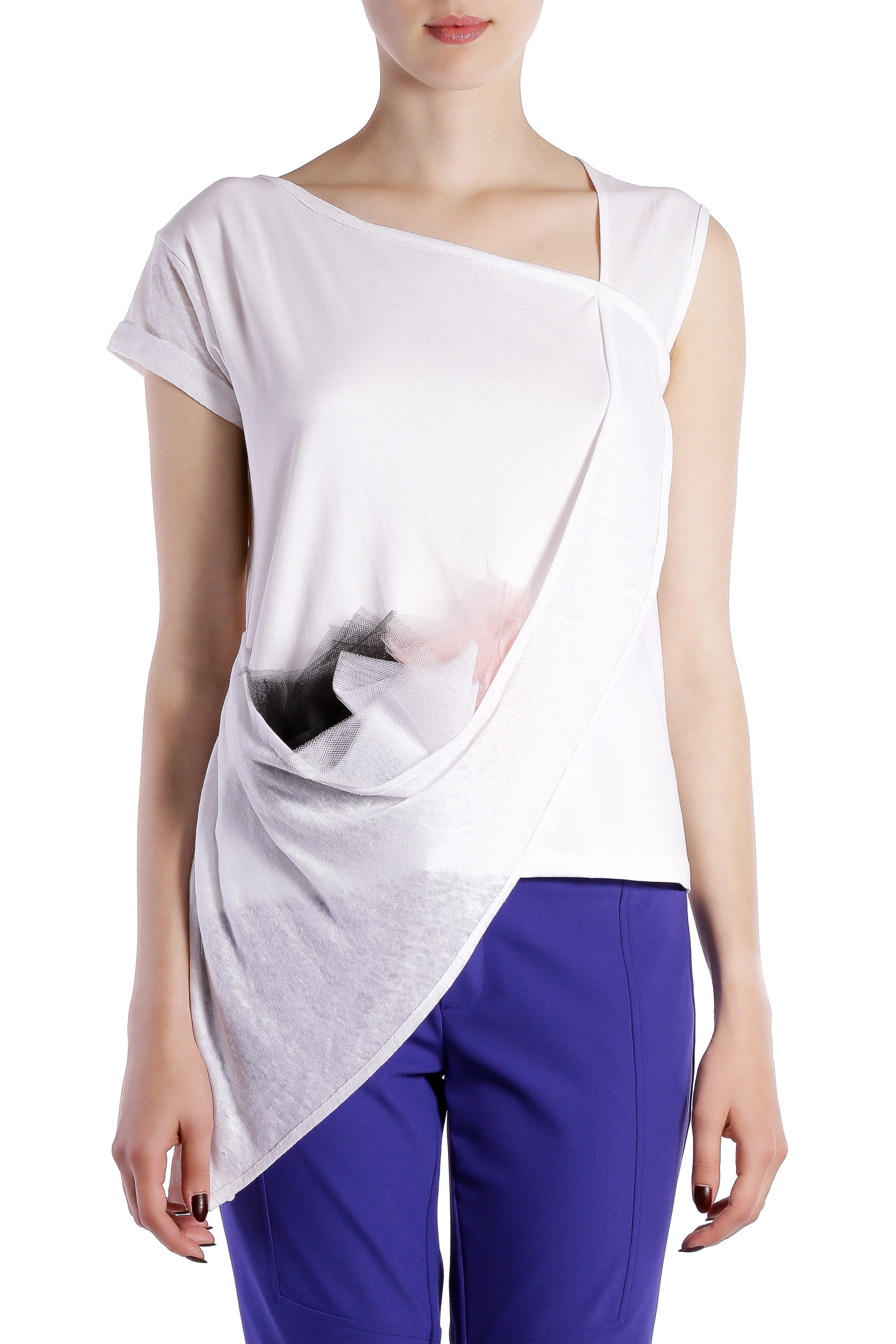 White asymmetric t-shirt with tulle inserts | Larisa Dragna