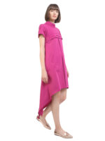 Fuchsia pleated dress with short sleeves