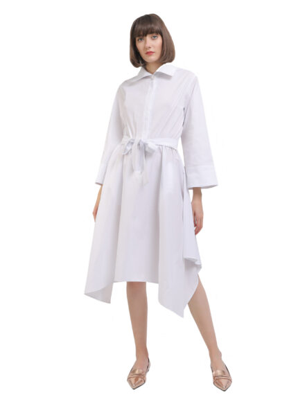 White cotton shirt dress with asymmetric cut