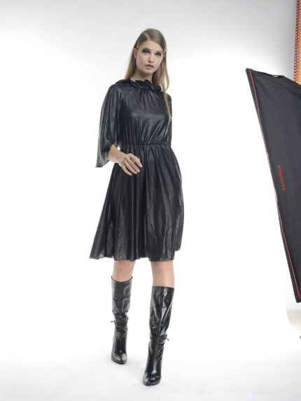 Metallic midi dress with ruffle collar