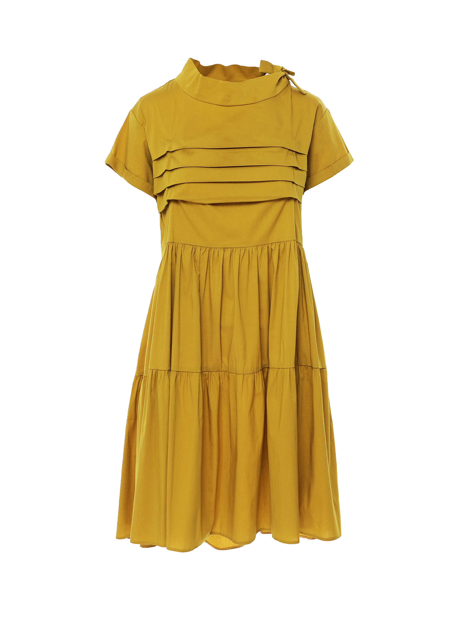 Pleated yellow dress with round collar ruffles and short sleeves