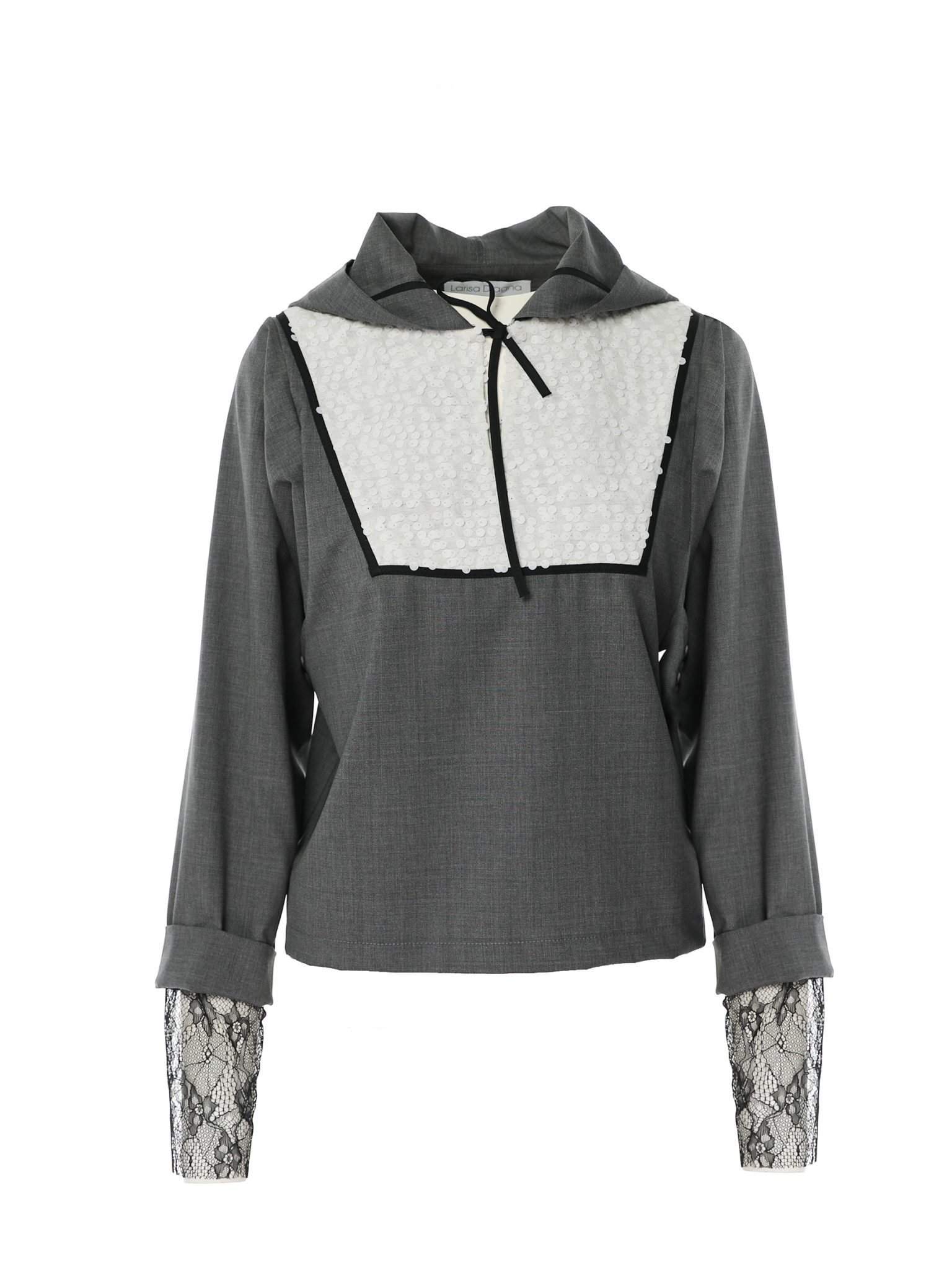 Grey hoodie blouse with sequin insertion and lace details