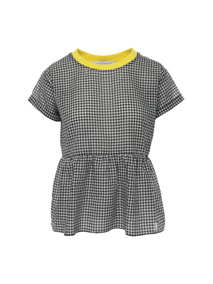Gingham blouse with ruffle and yellow collar