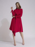 Raspberry red dress with asymmetric cut on the hem