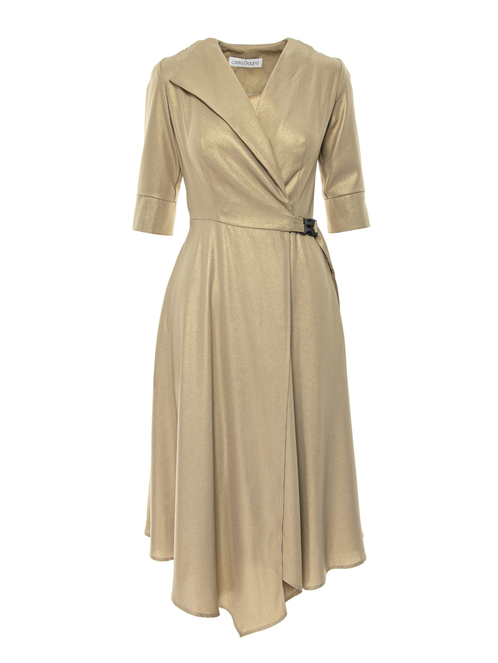 Beige dress with gold patina and asymmetric hem