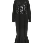 Rochie lungă neagră cu inserții de paiete și glugă