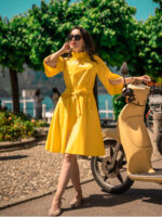 Rochie galbenă cu lungime midi și talie marcată - imagine 4