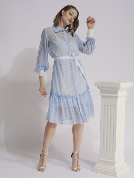 Blue shirt dress with long sleeves and ruffle