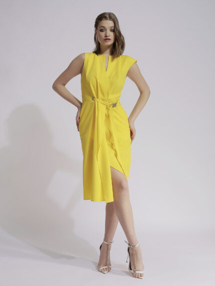 Yellow wrap dress with belt and metallic buckle