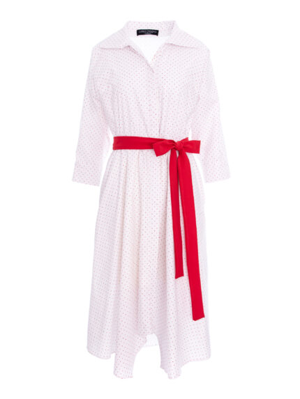 Rochie camasa cu buline mici si cordon rosu