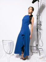 Rochie albastra cu volan pe picior - imagine 2