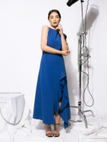 Rochie albastra cu volan pe picior - imagine 3