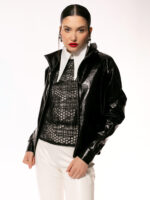 Jacheta neagra din latex cu fermoare metalice - imagine 3