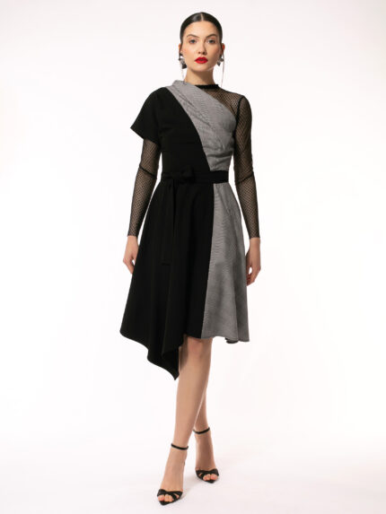 Rochie neagra midi cu insertie de tull si stofa