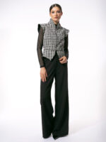 Vesta Tartan cu Guler Kimono și Talie Detașabilă - imagine 3