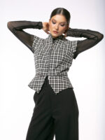 Vesta Tartan cu Guler Kimono și Talie Detașabilă - imagine 4