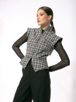 Vesta Tartan cu Guler Kimono și Talie Detașabilă - imagine 5