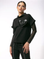 Bluză cu Broșă Inimă Supradimensionată și Mâneci din Tulle - imagine 2