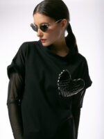 Bluză cu Broșă Inimă Supradimensionată și Mâneci din Tulle - imagine 6