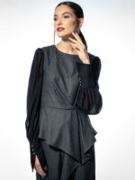 Bluză gri cu falduri în talie și mâneci din voal de lână - imagine 4