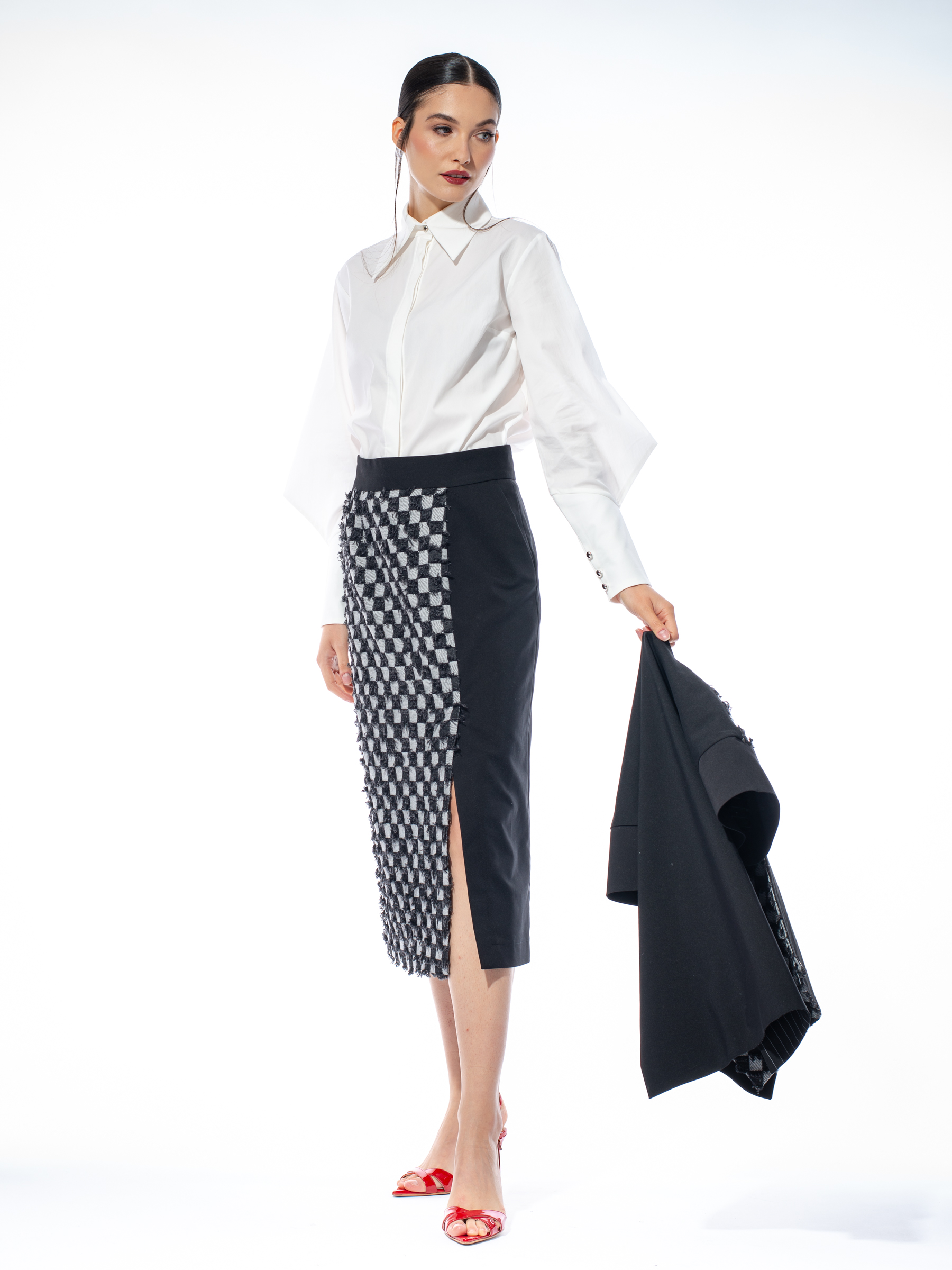 _CRI9409 Fustă midi cu inserție din denim în carouri - imagine 1