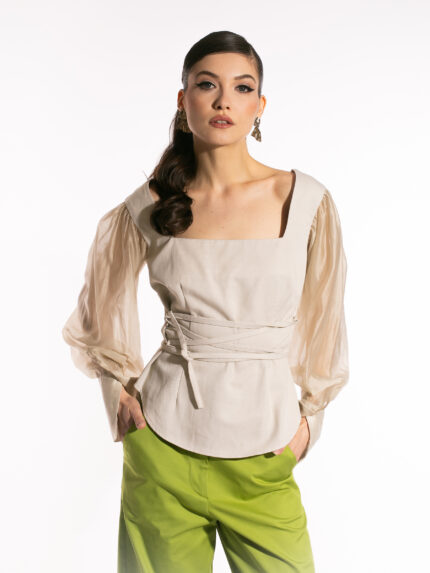 Bluză cu mâneci din voal și decolteu pătrat Ismera